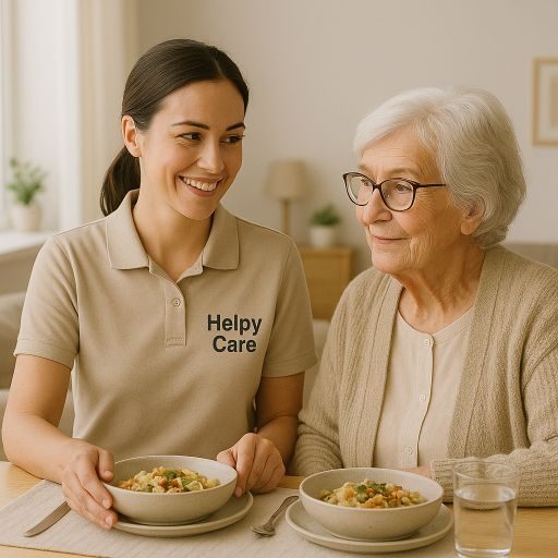 Eine Pflegekraft lächelt, während sie mit einer älteren Dame eine Mahlzeit teilt.